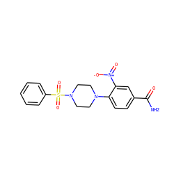 NC(=O)c1ccc(N2CCN(S(=O)(=O)c3ccccc3)CC2)c([N+](=O)[O-])c1 ZINC000005828782