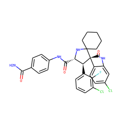 NC(=O)c1ccc(NC(=O)[C@@H]2NC3(CCCCC3)[C@@]3(C(=O)Nc4cc(Cl)ccc43)[C@H]2c2cccc(Cl)c2F)cc1 ZINC001772590342