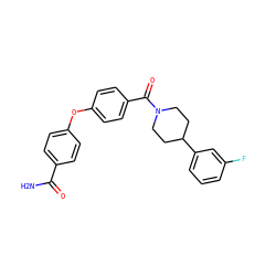 NC(=O)c1ccc(Oc2ccc(C(=O)N3CCC(c4cccc(F)c4)CC3)cc2)cc1 ZINC000752403715