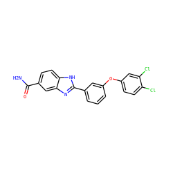 NC(=O)c1ccc2[nH]c(-c3cccc(Oc4ccc(Cl)c(Cl)c4)c3)nc2c1 ZINC000013612076
