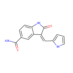 NC(=O)c1ccc2c(c1)/C(=C/c1ccc[nH]1)C(=O)N2 ZINC000014962828