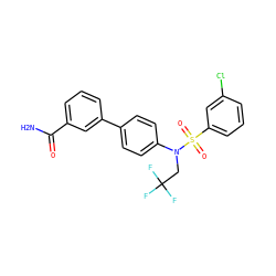 NC(=O)c1cccc(-c2ccc(N(CC(F)(F)F)S(=O)(=O)c3cccc(Cl)c3)cc2)c1 ZINC000653917195