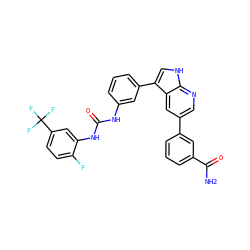 NC(=O)c1cccc(-c2cnc3[nH]cc(-c4cccc(NC(=O)Nc5cc(C(F)(F)F)ccc5F)c4)c3c2)c1 ZINC000103257477
