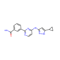 NC(=O)c1cccc(-c2nccc(Nc3cc(C4CC4)[nH]n3)n2)c1 ZINC000084596964