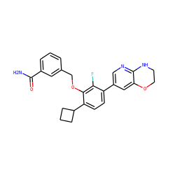 NC(=O)c1cccc(COc2c(C3CCC3)ccc(-c3cnc4c(c3)OCCN4)c2F)c1 ZINC000212134981