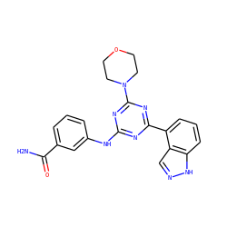 NC(=O)c1cccc(Nc2nc(-c3cccc4[nH]ncc34)nc(N3CCOCC3)n2)c1 ZINC000201530637