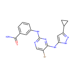 NC(=O)c1cccc(Nc2ncc(Br)c(Nc3cc(C4CC4)n[nH]3)n2)c1 ZINC000141623271