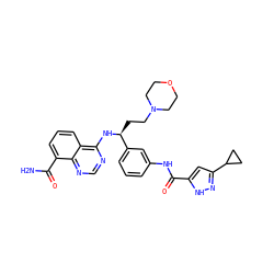 NC(=O)c1cccc2c(N[C@@H](CCN3CCOCC3)c3cccc(NC(=O)c4cc(C5CC5)n[nH]4)c3)ncnc12 ZINC000114348668