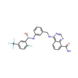 NC(=O)c1cccc2c(NCc3cccc(N[C@@H](O)c4cc(C(F)(F)F)ccc4F)c3)ncnc12 ZINC000166966377