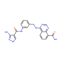 NC(=O)c1cccc2c(NCc3cccc(NC(=O)c4c[nH]nc4N)c3)ncnc12 ZINC000114346236