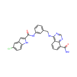 NC(=O)c1cccc2c(NCc3cccc(NC(=O)c4cc5cc(Cl)ccc5[nH]4)c3)ncnc12 ZINC000114346779