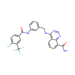 NC(=O)c1cccc2c(NCc3cccc(NC(=O)c4ccc(Cl)c(C(F)(F)F)c4)c3)ncnc12 ZINC000114347645