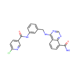 NC(=O)c1cccc2c(NCc3cccc(NC(=O)c4ccc(Cl)nc4)c3)ncnc12 ZINC000114348700