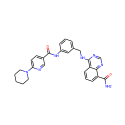 NC(=O)c1cccc2c(NCc3cccc(NC(=O)c4ccc(N5CCCCC5)nc4)c3)ncnc12 ZINC000167028426