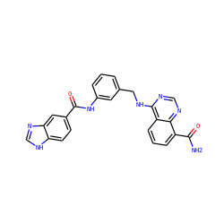 NC(=O)c1cccc2c(NCc3cccc(NC(=O)c4ccc5[nH]cnc5c4)c3)ncnc12 ZINC000114348605