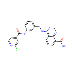 NC(=O)c1cccc2c(NCc3cccc(NC(=O)c4ccnc(Cl)c4)c3)ncnc12 ZINC000114345579