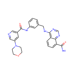 NC(=O)c1cccc2c(NCc3cccc(NC(=O)c4cncc(N5CCOCC5)c4)c3)ncnc12 ZINC000114347471