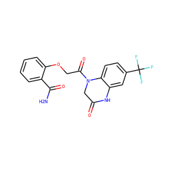 NC(=O)c1ccccc1OCC(=O)N1CC(=O)Nc2cc(C(F)(F)F)ccc21 ZINC000015850047