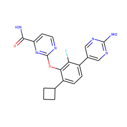 NC(=O)c1ccnc(Oc2c(C3CCC3)ccc(-c3cnc(N)nc3)c2F)n1 ZINC000212144723