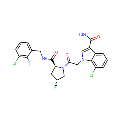NC(=O)c1cn(CC(=O)N2C[C@H](F)C[C@H]2C(=O)NCc2cccc(Cl)c2F)c2c(Cl)cccc12 ZINC000148185934