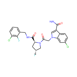 NC(=O)c1cn(CC(=O)N2C[C@H](F)C[C@H]2C(=O)NCc2cccc(Cl)c2F)c2cc(Cl)ccc12 ZINC000147915101