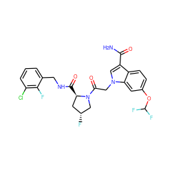 NC(=O)c1cn(CC(=O)N2C[C@H](F)C[C@H]2C(=O)NCc2cccc(Cl)c2F)c2cc(OC(F)F)ccc12 ZINC000147817279