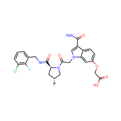 NC(=O)c1cn(CC(=O)N2C[C@H](F)C[C@H]2C(=O)NCc2cccc(Cl)c2F)c2cc(OCC(=O)O)ccc12 ZINC000147949713