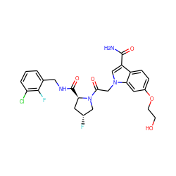NC(=O)c1cn(CC(=O)N2C[C@H](F)C[C@H]2C(=O)NCc2cccc(Cl)c2F)c2cc(OCCO)ccc12 ZINC000148095638