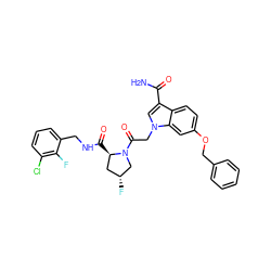 NC(=O)c1cn(CC(=O)N2C[C@H](F)C[C@H]2C(=O)NCc2cccc(Cl)c2F)c2cc(OCc3ccccc3)ccc12 ZINC000147797450