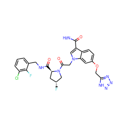 NC(=O)c1cn(CC(=O)N2C[C@H](F)C[C@H]2C(=O)NCc2cccc(Cl)c2F)c2cc(OCc3nnn[nH]3)ccc12 ZINC000147976712