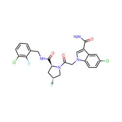 NC(=O)c1cn(CC(=O)N2C[C@H](F)C[C@H]2C(=O)NCc2cccc(Cl)c2F)c2ccc(Cl)cc12 ZINC000148208590