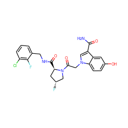NC(=O)c1cn(CC(=O)N2C[C@H](F)C[C@H]2C(=O)NCc2cccc(Cl)c2F)c2ccc(O)cc12 ZINC000143878981