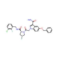 NC(=O)c1cn(CC(=O)N2C[C@H](F)C[C@H]2C(=O)NCc2cccc(Cl)c2F)c2ccc(OCc3ccccc3)cc12 ZINC000148316499