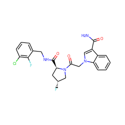 NC(=O)c1cn(CC(=O)N2C[C@H](F)C[C@H]2C(=O)NCc2cccc(Cl)c2F)c2ccccc12 ZINC000143940214