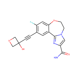 NC(=O)c1cn2c(n1)-c1cc(C#CC3(O)COC3)c(F)cc1OCC2 ZINC000215748241