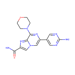 NC(=O)c1cn2cc(-c3cnc(N)nc3)nc(N3CCOCC3)c2n1 ZINC000084688802