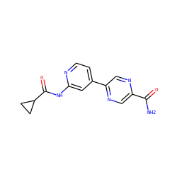 NC(=O)c1cnc(-c2ccnc(NC(=O)C3CC3)c2)cn1 ZINC000299871263