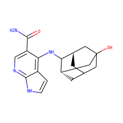 NC(=O)c1cnc2[nH]ccc2c1NC1[C@H]2CC3C[C@H]1CC(O)(C3)C2 ZINC000115352234