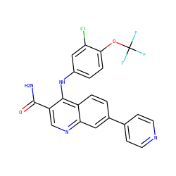 NC(=O)c1cnc2cc(-c3ccncc3)ccc2c1Nc1ccc(OC(F)(F)F)c(Cl)c1 ZINC000028959924