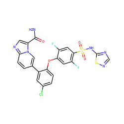 NC(=O)c1cnc2ccc(-c3cc(Cl)ccc3Oc3cc(F)c(S(=O)(=O)Nc4ncns4)cc3F)cn12 ZINC000205508028