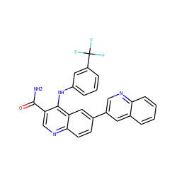 NC(=O)c1cnc2ccc(-c3cnc4ccccc4c3)cc2c1Nc1cccc(C(F)(F)F)c1 ZINC000653757105