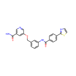 NC(=O)c1cncc(OCc2cccc(NC(=O)c3ccc(-c4nccs4)cc3)c2)c1 ZINC000653883085