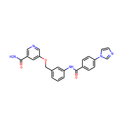 NC(=O)c1cncc(OCc2cccc(NC(=O)c3ccc(-n4ccnc4)cc3)c2)c1 ZINC000653864155