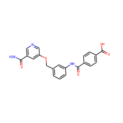 NC(=O)c1cncc(OCc2cccc(NC(=O)c3ccc(C(=O)O)cc3)c2)c1 ZINC000653886905