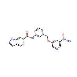 NC(=O)c1cncc(OCc2cccc(NC(=O)c3ccc4cc[nH]c4c3)c2)c1 ZINC000653916367