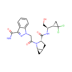 NC(=O)c1nn(CC(=O)N2[C@H](C(=O)N[C@@H](CO)[C@@H]3CC3(Cl)Cl)C[C@H]3C[C@H]32)c2ccccc12 ZINC000210882377