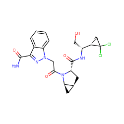 NC(=O)c1nn(CC(=O)N2[C@H](C(=O)N[C@H](CO)[C@@H]3CC3(Cl)Cl)C[C@H]3C[C@H]32)c2ccccc12 ZINC000210882413