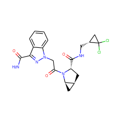 NC(=O)c1nn(CC(=O)N2[C@H](C(=O)NC[C@@H]3CC3(Cl)Cl)C[C@H]3C[C@H]32)c2ccccc12 ZINC000210817977