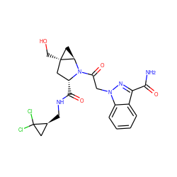 NC(=O)c1nn(CC(=O)N2[C@H](C(=O)NC[C@H]3CC3(Cl)Cl)C[C@@]3(CO)C[C@@H]23)c2ccccc12 ZINC001772656032