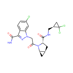 NC(=O)c1nn(CC(=O)N2[C@H](C(=O)NC[C@H]3CC3(Cl)Cl)C[C@H]3C[C@H]32)c2cc(Cl)ccc12 ZINC000210845312
